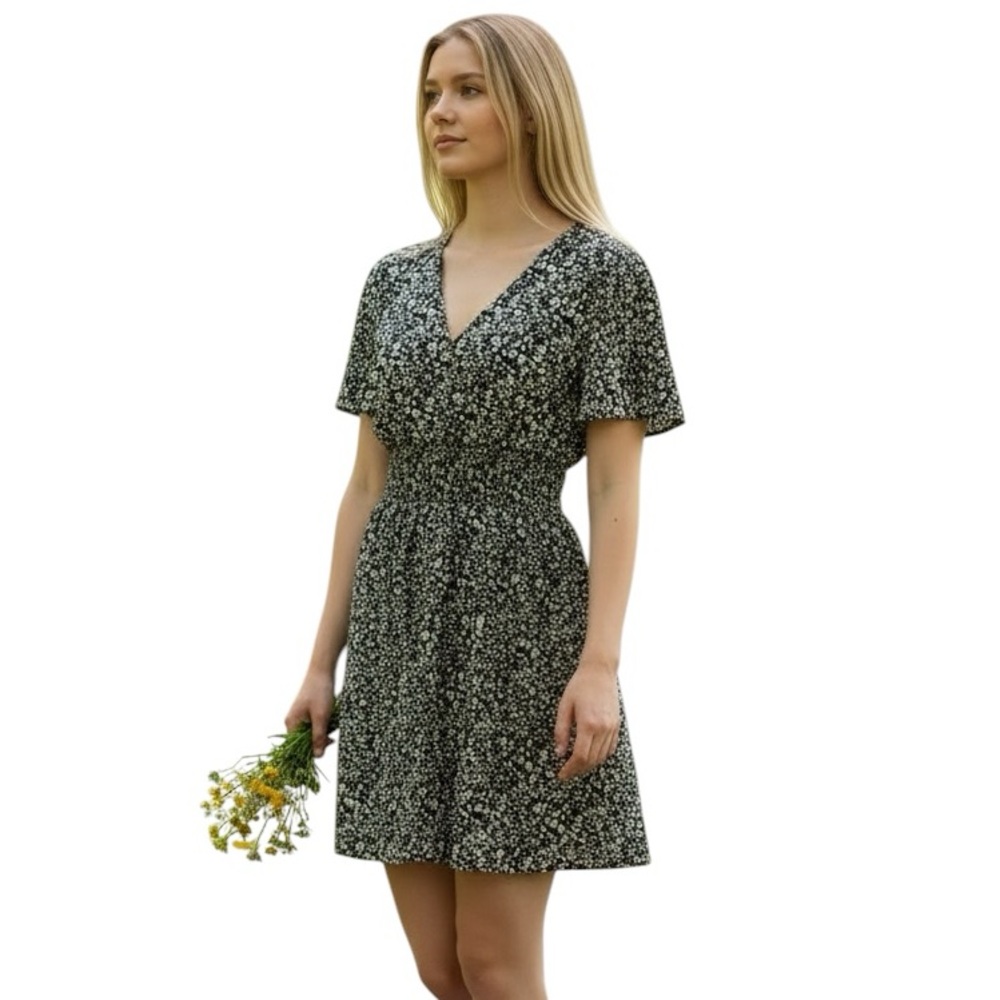 SHEIN black w/ white & yellow floral flutter sleeve v-neck dress size 1X